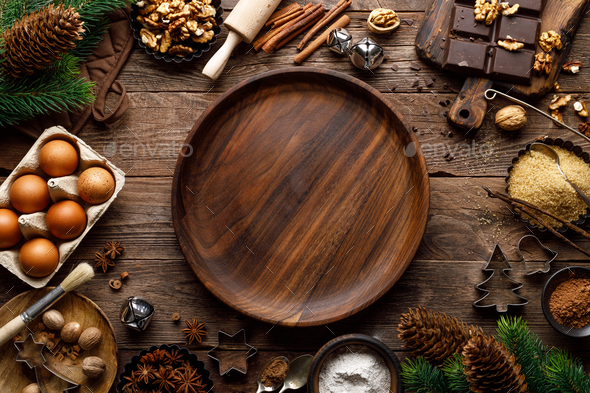 Christmas or new year culinary rustic wooden background - Stock Photo - Images