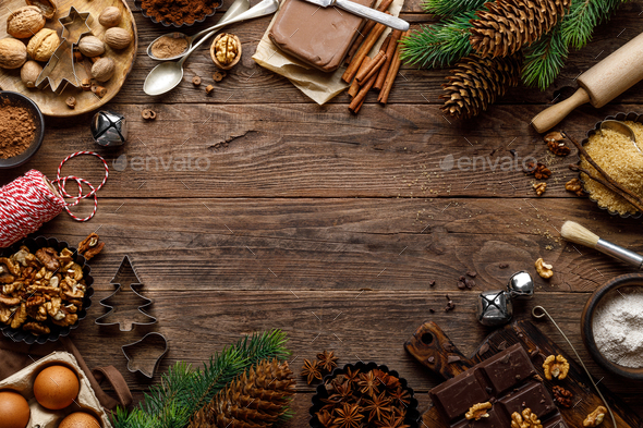 Christmas or new year culinary rustic wooden background - Stock Photo - Images