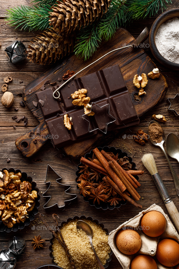 Christmas or new year culinary rustic wooden background - Stock Photo - Images
