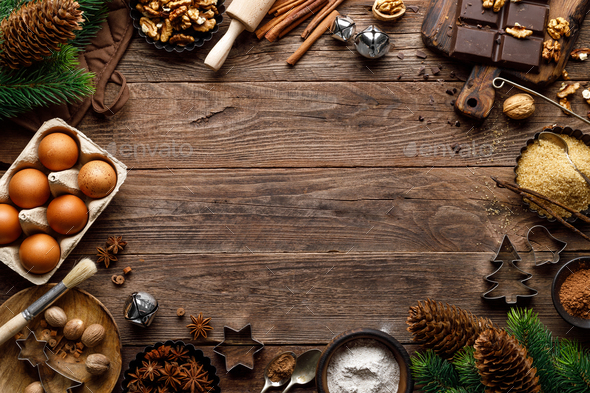 Christmas or new year culinary rustic wooden background - Stock Photo - Images