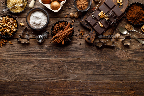 Christmas or new year culinary rustic wooden background - Stock Photo - Images