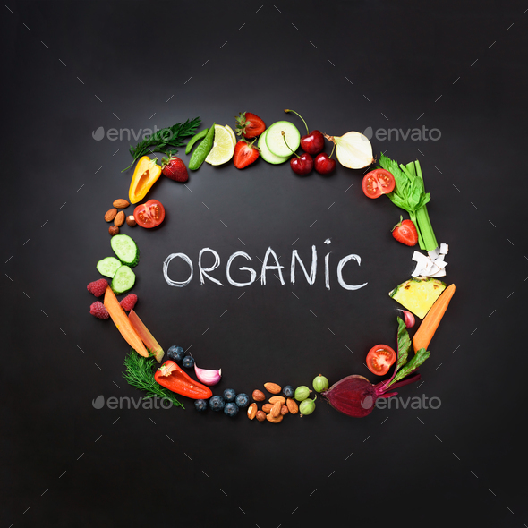 Healthy food background. Circle of fresh vegetables, fruits, nuts, berries with handwritten phrase - Stock Photo - Images