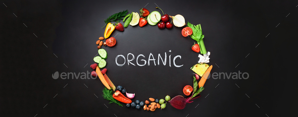Healthy food background. Circle of fresh vegetables, fruits, nuts, berries with handwritten phrase - Stock Photo - Images