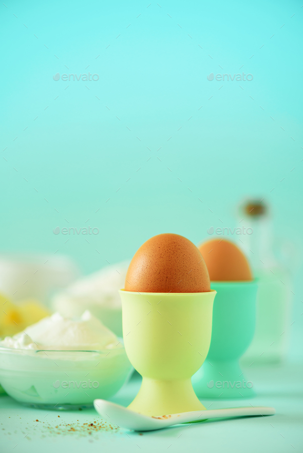 Bakery food frame, cooking concept. Different baking ingredients - butter, sugar, flour, milk, eggs - Stock Photo - Images