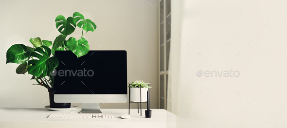Designer workspace. Banner. Minimalistic home office. Blank screen desktop computer, Mockup desktop - Stock Photo - Images