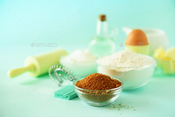 Bakery food frame, cooking concept. Different baking ingredients - butter, sugar, flour, milk, eggs - Stock Photo - Images