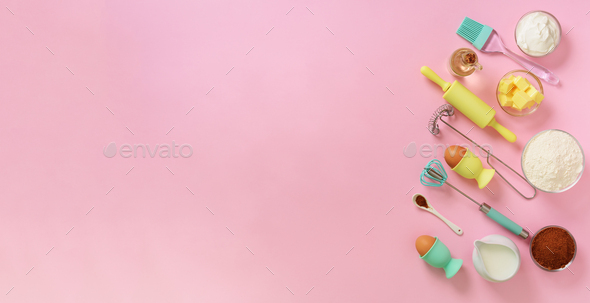 Banner of baking ingredients - butter, sugar, flour, eggs, oil, spoon, rolling pin, brush, whisk - Stock Photo - Images