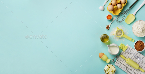 Banner of baking ingredients - butter, sugar, flour, eggs, oil, spoon, rolling pin, brush, whisk - Stock Photo - Images