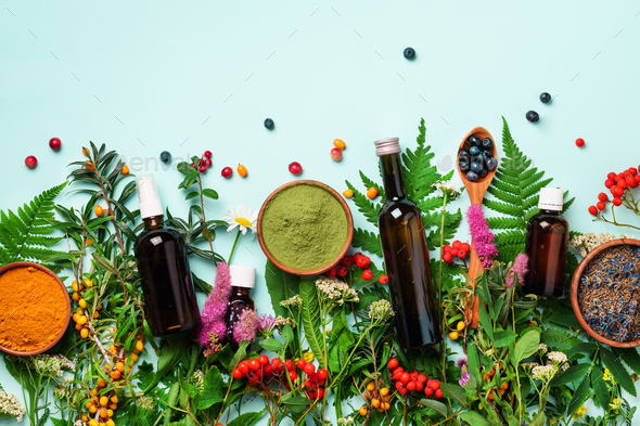 Healthy super food, berries, turmeric, spirulina, omega acid capsules, vitamin c supplement - Stock Photo - Images