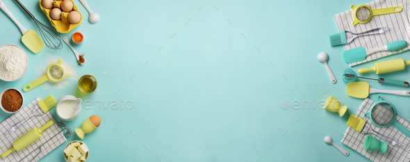 Time to bake. Banner of healthy food ingredients - butter, sugar, flour, eggs, oil, spoon, rolling - Stock Photo - Images