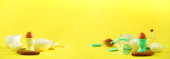 Banner with copy space. Bakery food frame, cooking concept. Different baking ingredients - butter - Stock Photo - Images