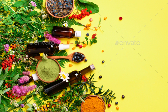 Natural herbal ingredients for alternative medicine on yellow background. Natural  skin care beauty Stock Photo by jchizhe