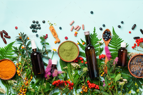 Alternative medicine. Holistic approach. Healing herbs and flowers over blue background. Top view - Stock Photo - Images