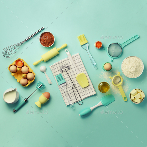 Time to bake. Baking ingredients - butter, sugar, flour, eggs, oil, spoon, rolling pin, brush, whisk - Stock Photo - Images