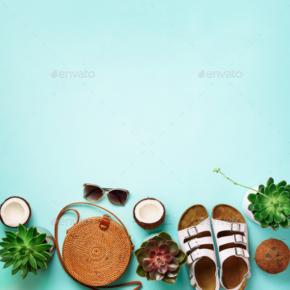 Stylish rattan bag, coconut, birkenstocks, succulent, sunglasses on blue background. Banner. Top - Stock Photo - Images