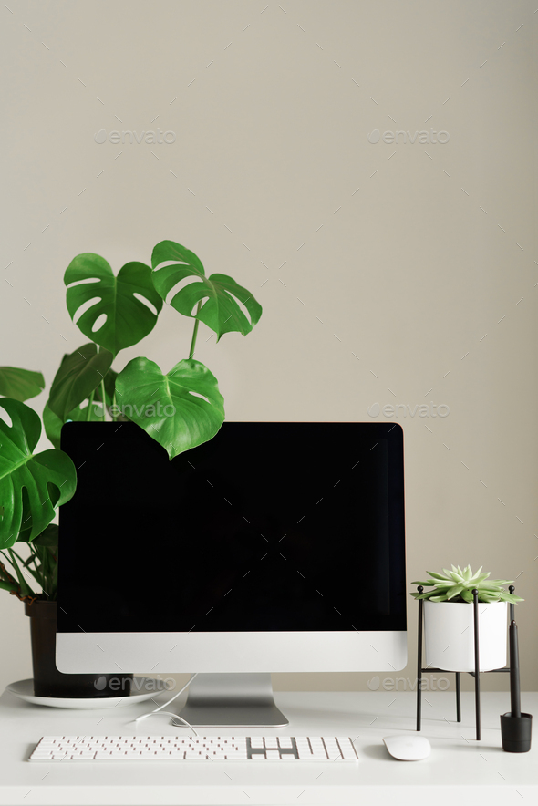 Designer workspace. Minimalistic home office. Blank screen desktop computer, Mockup desktop computer - Stock Photo - Images
