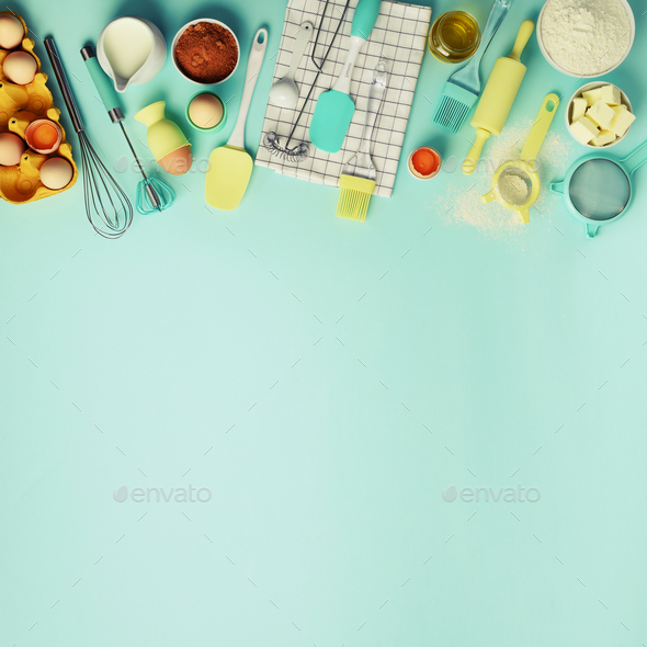 Square crop. Baking ingredients - butter, sugar, flour, eggs, oil, spoon, rolling pin, brush, whisk - Stock Photo - Images