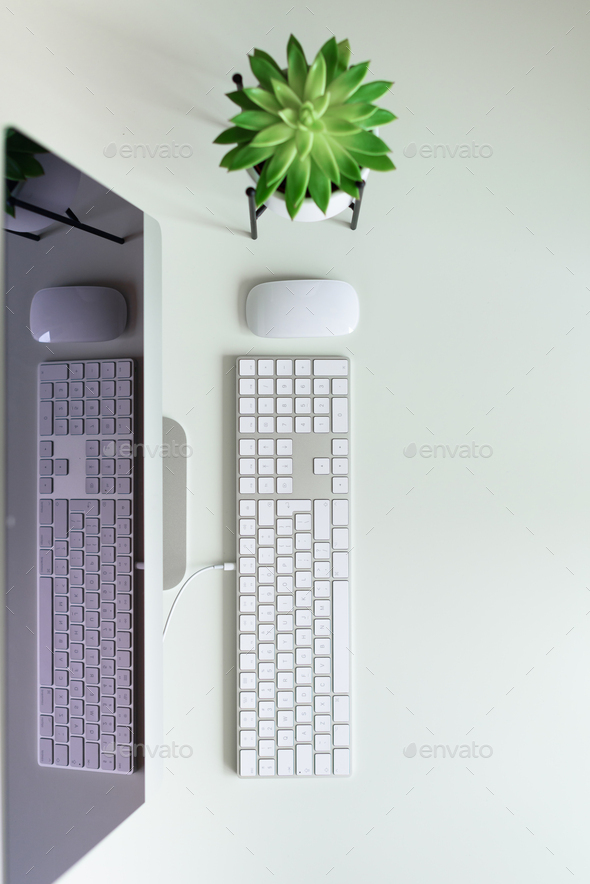 White office desk table with computer keyboard, mouse, monitor, succulent plant and other office - Stock Photo - Images