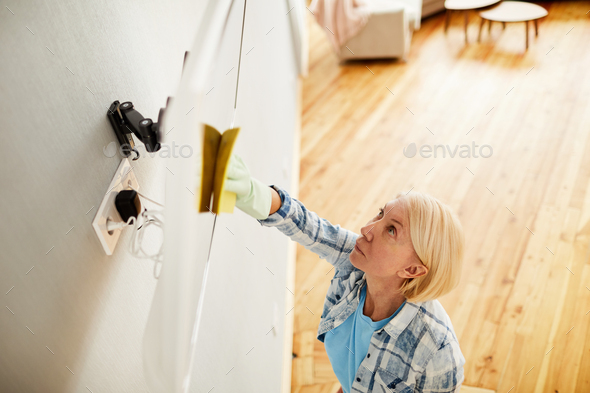 Busy woman wiping television set - Stock Photo - Images