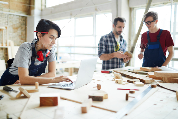 Concentrated lady joiner using internet on laptop - Stock Photo - Images