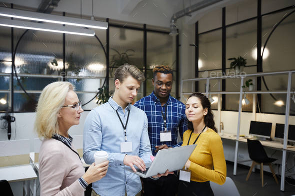 Group of business colleagues discussing internet project - Stock Photo - Images