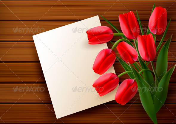 Red tulips and blank card on old wooden board - Flowers & Plants Nature