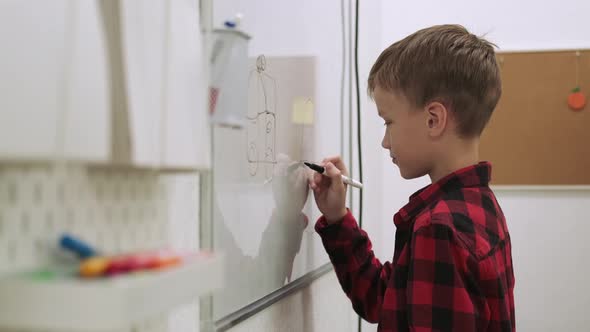 Boy Pupil Draws on the Chalkboard While Studying at School alt