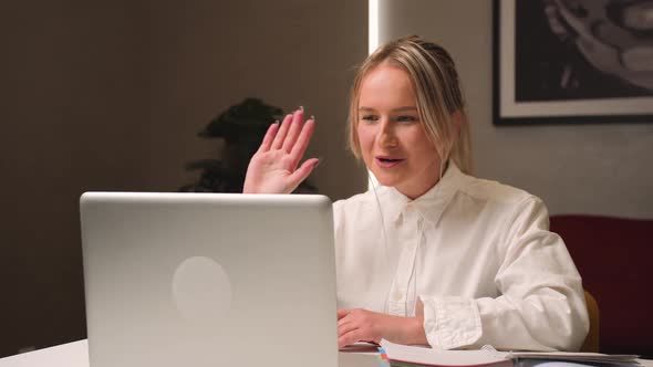 Young Smiling Woman Wear Headset Headphones Communicating By Conference Video Call Speak Looking 