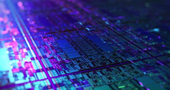Digital Futuristic Chip, microchip processor with neon lights. 