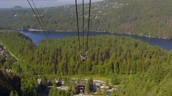 Skyride At Grouse Mountains With Lush Coniferous Forest In North Vancouver, BC, Canada. - Low Angle alt