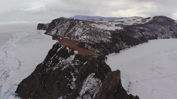 Aerial View of Winter Landscape of Rocky Mountains on Lake Baikal