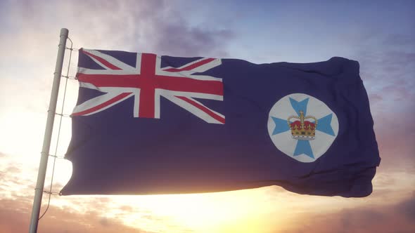 Queensland State Flag Italy Waving in the Wind Sky and Sun Background alt