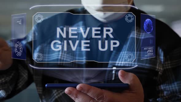 Old Man Shows Hologram with Text Never Give Up alt