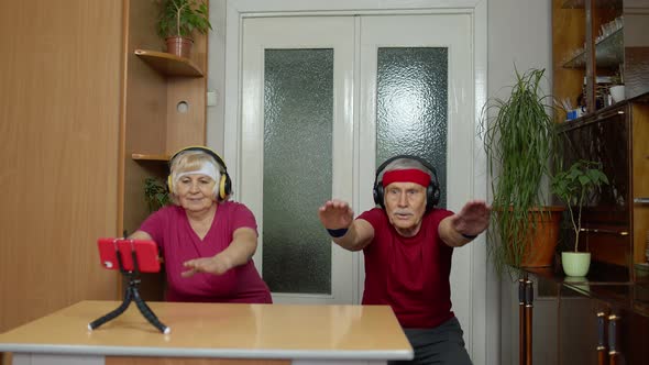 Elderly Man Woman Doing Fitness Exercises Watching Live Stream Vlog Blog Online Distance Course alt