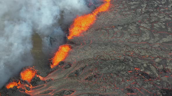Fagradalsfjall Volcano Eruption. 4K Aerial Drone Footage Of Iceland Volcano Eruption With Smoke alt