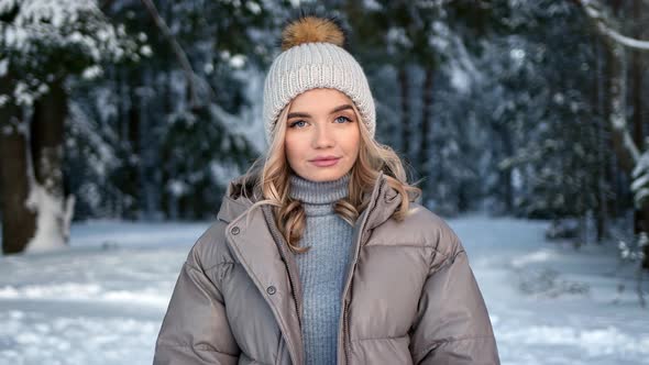 Portrait Adorable Active Woman Smiling Posing at Winter Forest Landscape alt
