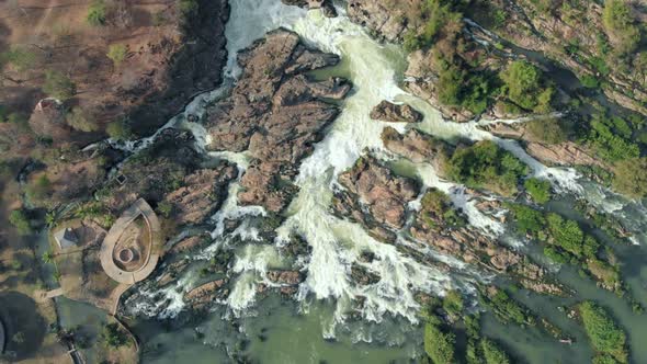 Aerial: flying over Don Det and the 4000 islands Mekong River in Laos alt
