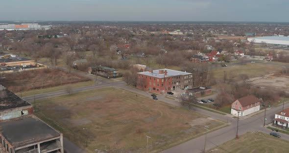 Aerial view of the dilapidated Packard Automotive Plant in Detroit, Michigan.This video was filmed i alt
