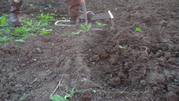 A farmer cultivates the land with a hand cultivator. alt