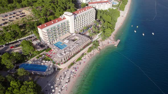 Aerial Drone View of the Hotel and Beach at the Sea alt
