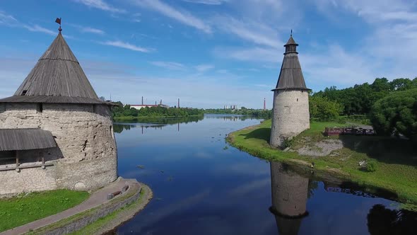 Aerial View on Towers and Walls of Pskov Kremlin alt