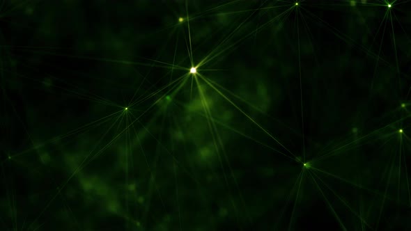 Green Glowing Plexus Stars and Polygon Lines on Black Background
