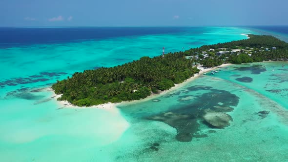 Aerial above nature of idyllic island beach break by clear water and white sand background of a picn alt