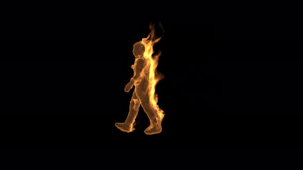The man is all on fire, the fiery man walks from right to left and leaves the frame.