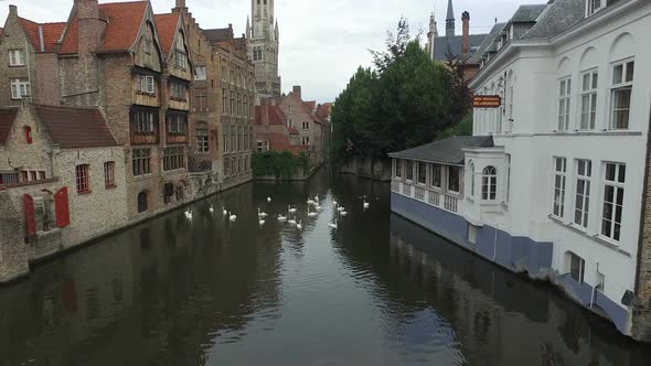Aerial shot of Dijver Canal and buildings in Bruges