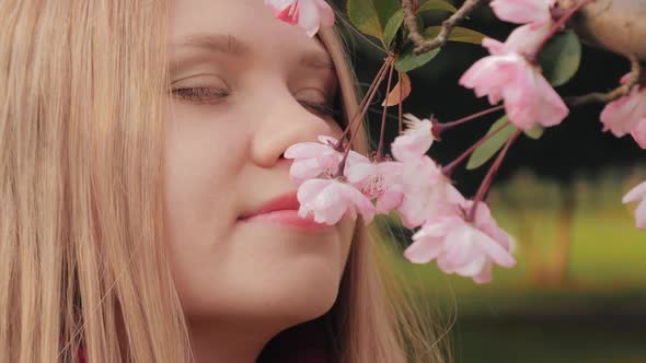 Closeup Shot of Attractive Girl Sniffs Pink Blossoms Woman Enjoys Smell of Blossoming Cherry Flower alt