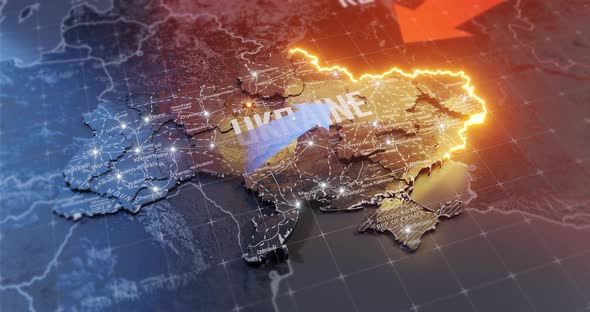 Military conflict between Ukraine and Russia. Concept map of war. cartography design. 3d render alt