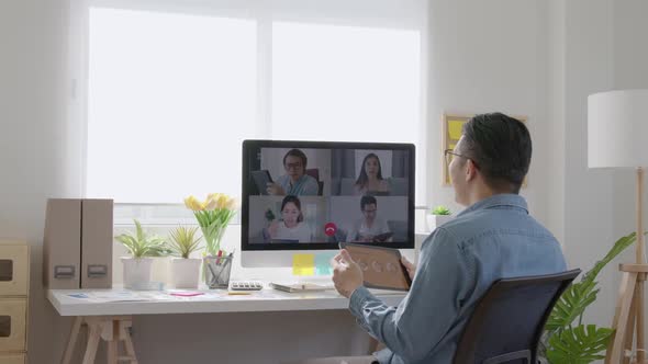 Asian man video call, Work form home. alt