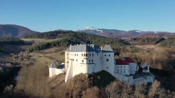 Aerial view of castle in village Slovenska Lupca alt