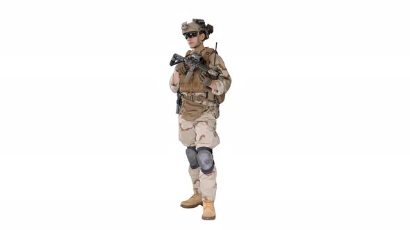 Soldier Standing Looking To the Side and Listening Orders on White Background alt